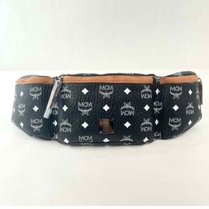 MCM Black Visetos Triple-Pouch Belt Bag with Tan Strap